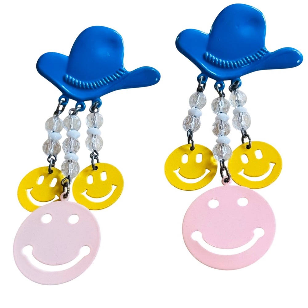 VTG Runway enamel Chunky Smiley Face Earrings cowboy hat Dangle pierced 70s 3.7"